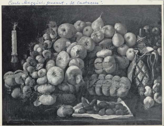 Anonimo — Barbieri Paolo Antonio - sec. XVII - Natura morta con castagne, ortaggi, frutta e candela — insieme